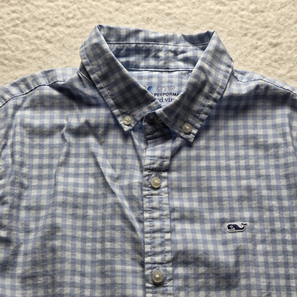 Vineyard Vines Shirt Boys 16 Blue Gingham OTG Performance Button Down Stretch